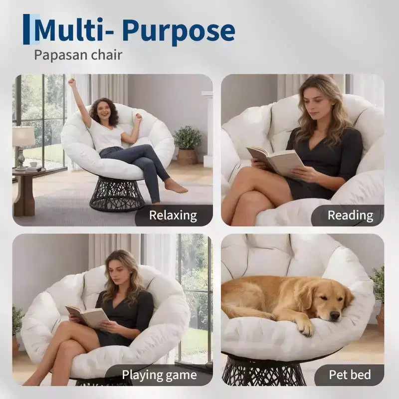Poltrona Papasan da 37 pollici Ergonomica in Rattan con Cuscino Extra Spesso, Base Girevole a 360° in Acciaio Resistente per Soggiorno, Camera da Letto, Angolo Lettura
