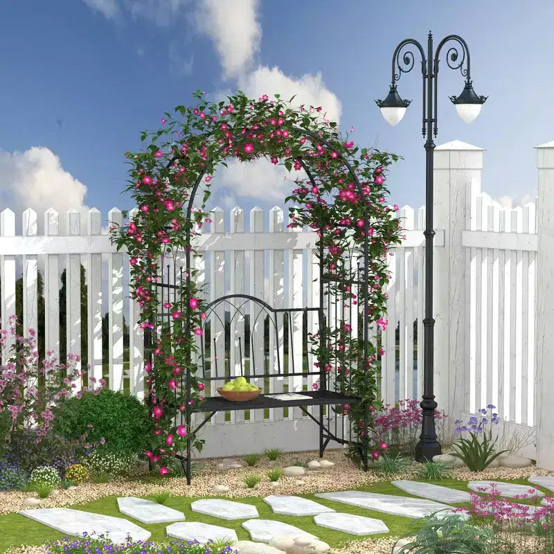 Arco a Traliccio in Metallo per Piante Rampicanti con Panchina da Giardino, per Uva e Viti, Decorazione per Patio Esterno Intrecciata con Seduta Decorativa e Consigli, Nero