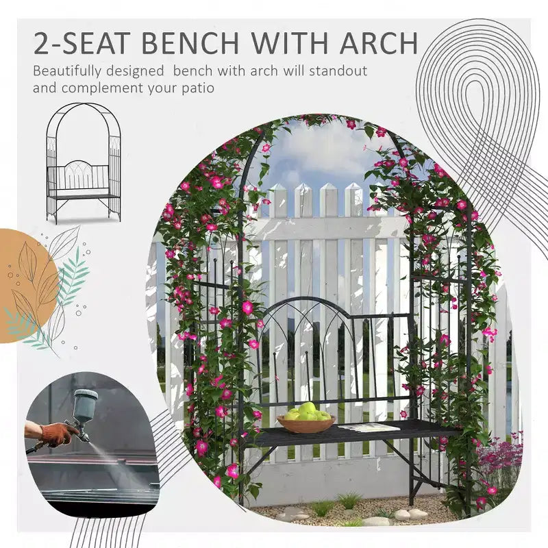 Arco a Traliccio in Metallo per Piante Rampicanti con Panchina da Giardino, per Uva e Viti, Decorazione per Patio Esterno Intrecciata con Seduta Decorativa e Consigli, Nero