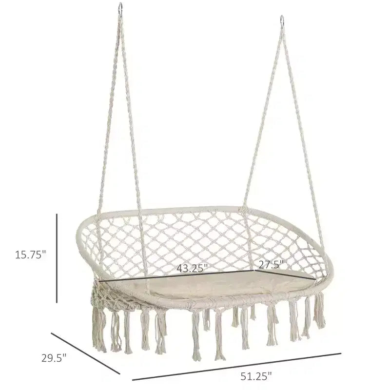 2-Person Hammock Chair Macrame Swing with Soft Cushion, Hanging Cotton Rope Chair for Indoor Outdoor Home Patio Backyard, White