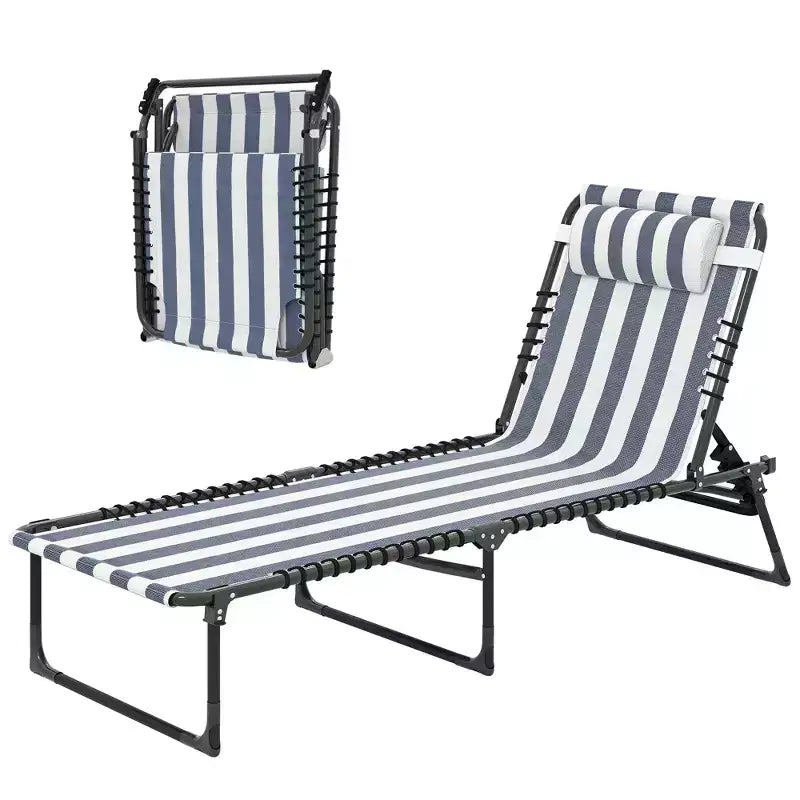 Sedia da piscina sdraio pieghevole con schienale reclinabile in 4 posizioni, cuscino, rete traspirante e seduta a elastici, blu e bianco