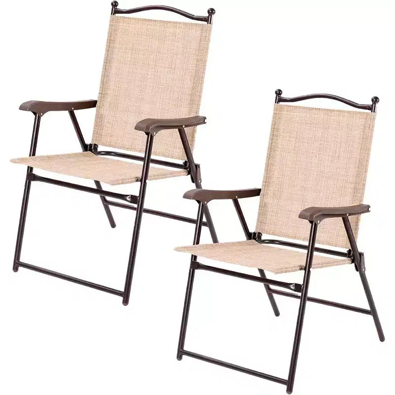 Gymax 2PC Outdoor Folding Sling-Back Chairs for Camping Decks Gardens Pools and Beaches Black/Beige
