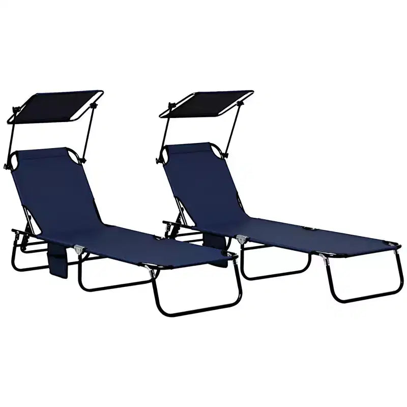 Set di 2 sedie a sdraio pieghevoli, lettini prendisole da esterno con tettoia, schienale reclinabile, telaio in acciaio per spiaggia, giardino, patio