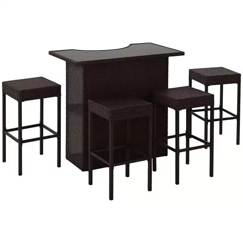 5 Pcs Rattan Wicker Bar Set, High Top Outdoor Table and Chairs, Bar Height Patio Set with Glass Table Top 2 Tier Storage Shelf,for Garden