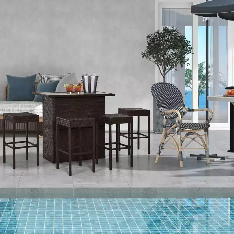 5 Pcs Rattan Wicker Bar Set, High Top Outdoor Table and Chairs, Bar Height Patio Set with Glass Table Top 2 Tier Storage Shelf,for Garden