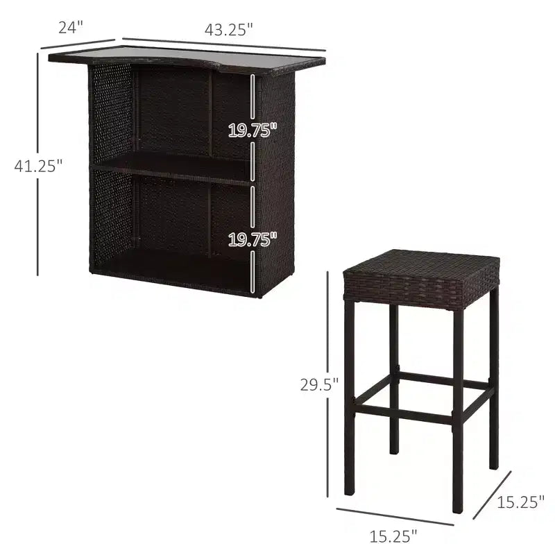 5 Pcs Rattan Wicker Bar Set, High Top Outdoor Table and Chairs, Bar Height Patio Set with Glass Table Top 2 Tier Storage Shelf,for Garden