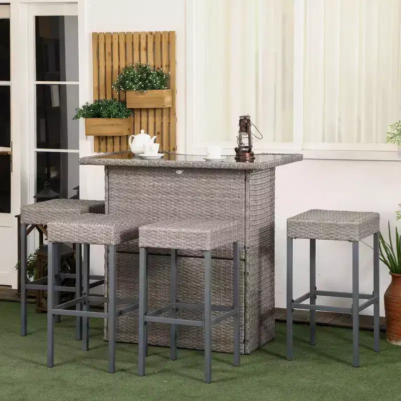 5 Pcs Rattan Wicker Bar Set, High Top Outdoor Table and Chairs, Bar Height Patio Set with Glass Table Top 2 Tier Storage Shelf,for Garden