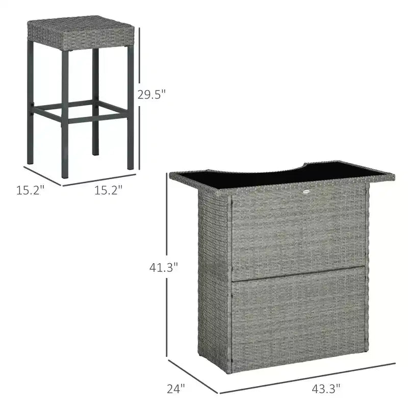 5 Pcs Rattan Wicker Bar Set, High Top Outdoor Table and Chairs, Bar Height Patio Set with Glass Table Top 2 Tier Storage Shelf,for Garden