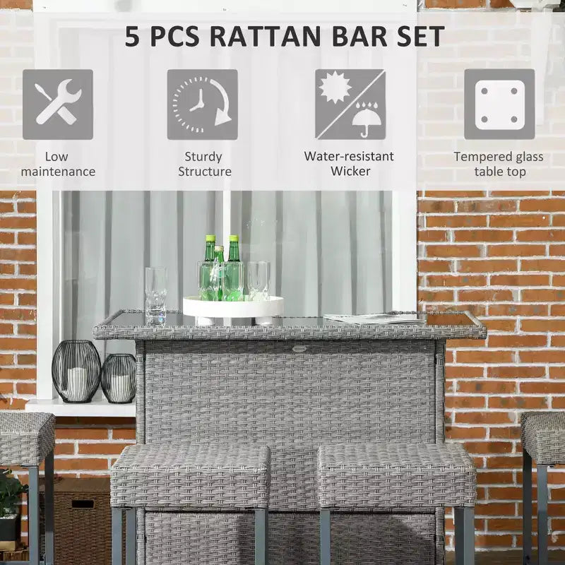 5 Pcs Rattan Wicker Bar Set, High Top Outdoor Table and Chairs, Bar Height Patio Set with Glass Table Top 2 Tier Storage Shelf,for Garden