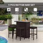 5 Pcs Rattan Wicker Bar Set, High Top Outdoor Table and Chairs, Bar Height Patio Set with Glass Table Top 2 Tier Storage Shelf,for Garden