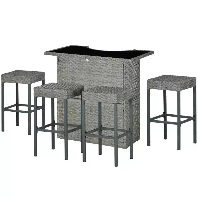 Set da bar in vimini di rattan da 5 pezzi, tavolo e sedie da esterno alti, set da patio altezza bar con ripiano in vetro e ripiano portaoggetti a 2 livelli, per giardino