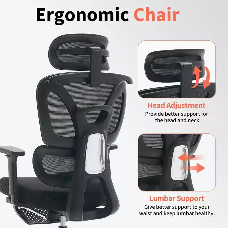Sedia da Ufficio Ergonomica in Rete per Ufficio Domestico, Studio, Gaming  Supporto Lombare Regolabile, Braccioli 3D, Poggiatesta e Poggiapiedi  Rete Traspirante Nera, Telaio Nero