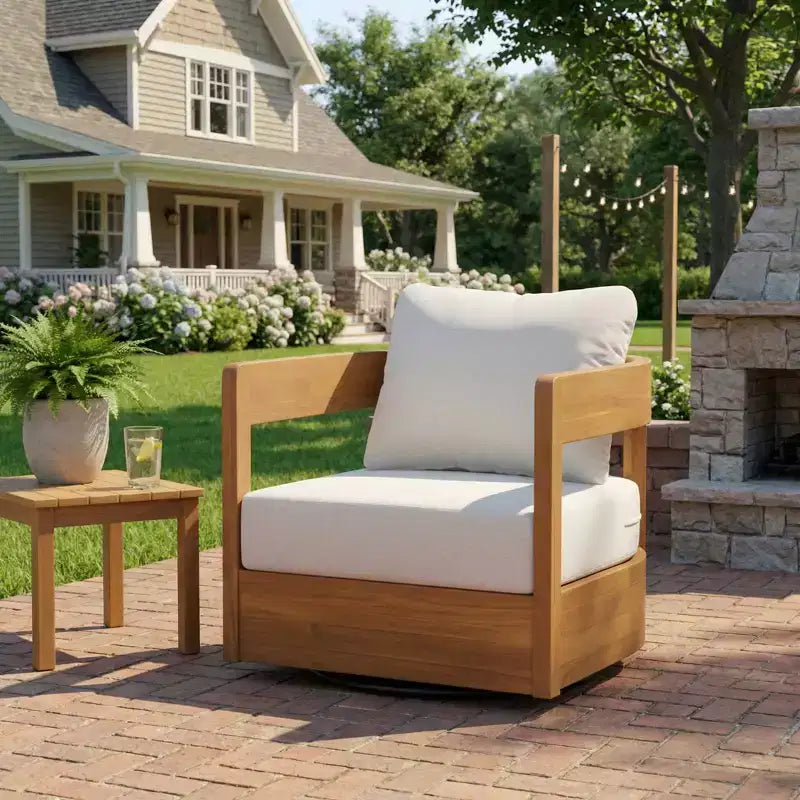 Poltrona da esterno girevole ModernLuxe, sedia da club per patio con cuscini spessi, poltrona girevole moderna, struttura in legno di acacia
