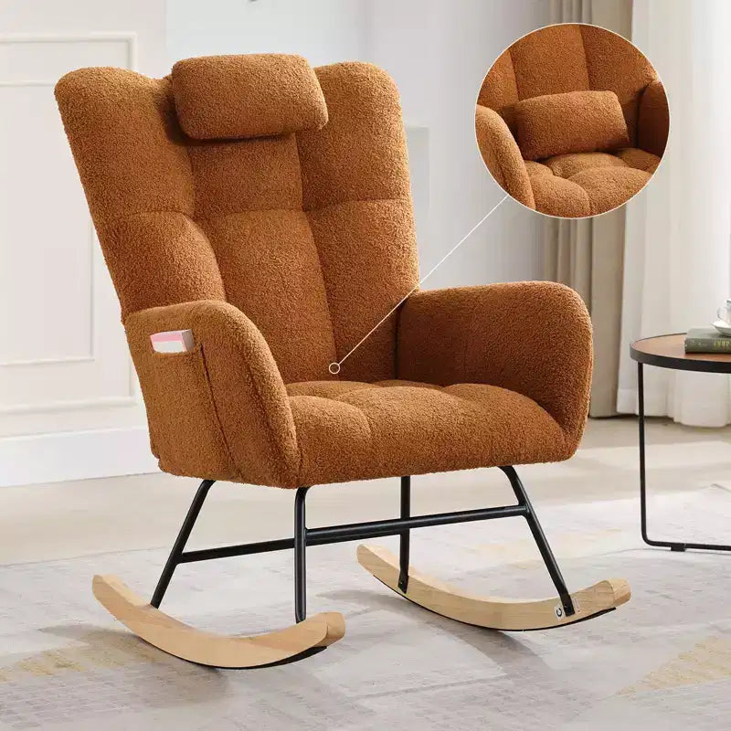 Sedia a dondolo per cameretta in tessuto Teddy, schienale alto con supporto per la testa, sedia a dondolo marrone per camera da letto o soggiorno