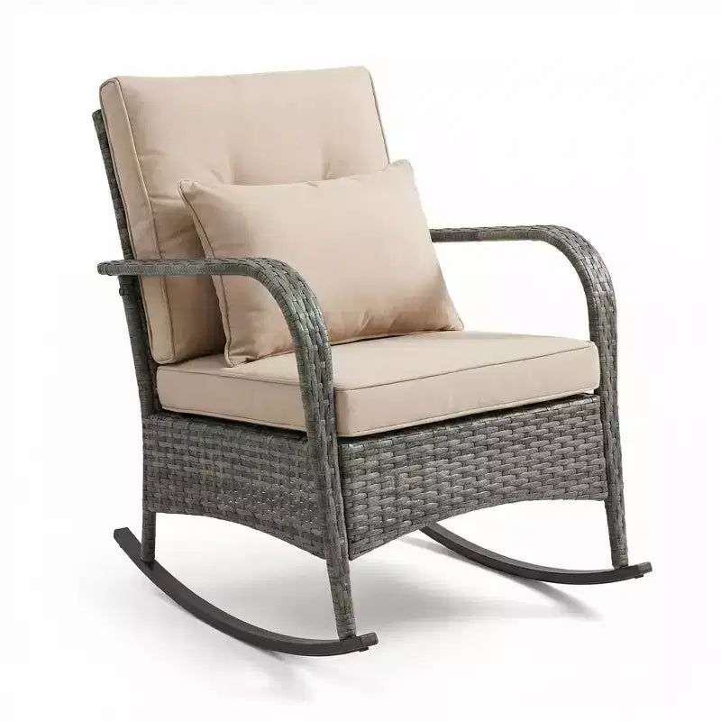 Sedia a dondolo da esterno, sedia a dondolo da giardino in rattan con cuscini e telaio in acciaio per giardino, portico, cortile, a bordo piscina