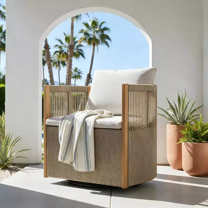 Christopher Knight Home Zorana Modern Outdoor Acacia Wood Rope Swivel Chair