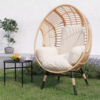 Whisen Outdoor Arc Back Weaving Hanging Egg Chair, Elegant Curved Armchair Patio PE Rattan Swing Chair with Beige Cushion - Natural