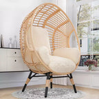 Sedia a dondolo a uovo Whisen Outdoor Arc Back Weaving, elegante poltrona curva da giardino in rattan PE con cuscino beige - Naturale