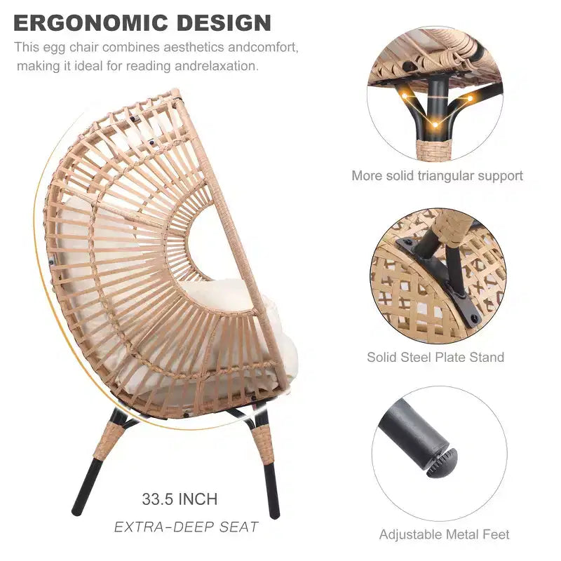 Sedia a dondolo a uovo Whisen Outdoor Arc Back Weaving, elegante poltrona curva da giardino in rattan PE con cuscino beige - Naturale