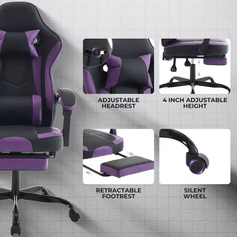 Ora Maison Sedia da Gaming Ergonomica con Poggiapiedi e Massaggio Lombare, Sedia da Computer Girevole Regolabile in Altezza per Adulti, Capacità 136 kg, Viola