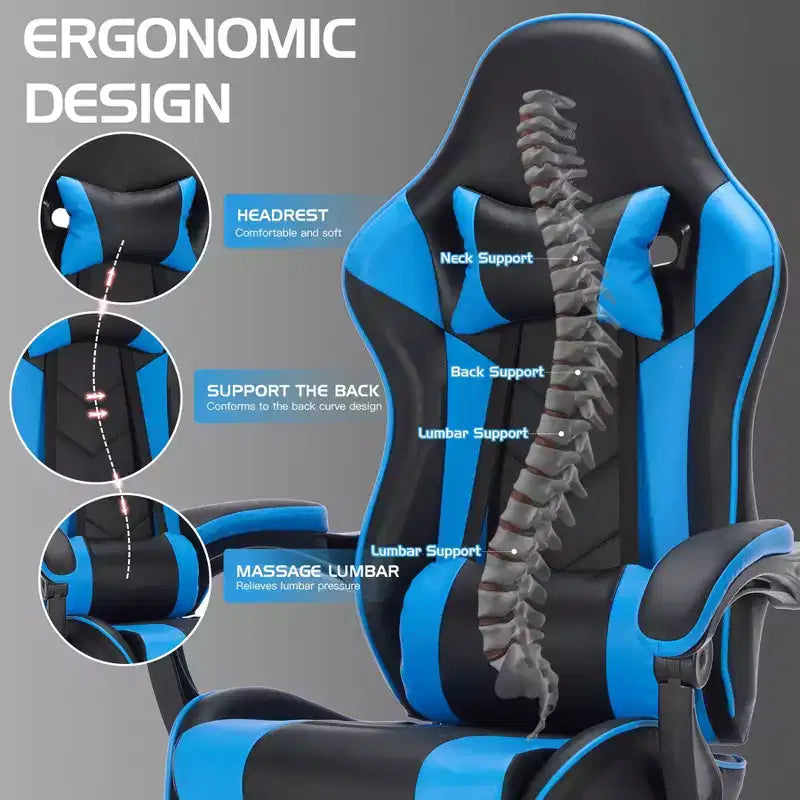 Ora Maison Sedia da gaming ergonomica con poggiapiedi e supporto lombare, sedia da computer girevole regolabile in altezza e traspirante per adulti, blu