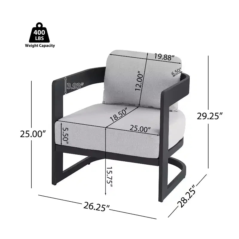 ModernLuxe Outdoor Aluminum Club Chair with Premium Cushions, Rust-Resistant Patio Lounge Chair, Gray