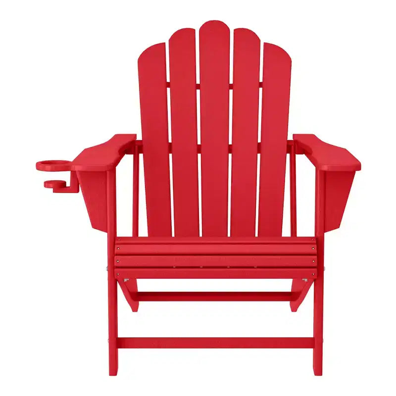 WestinTrends Highland 4-Piece Outdoor Patio HDPE Adirondack Chairs With Ottomans and Cup Holder Set, Red