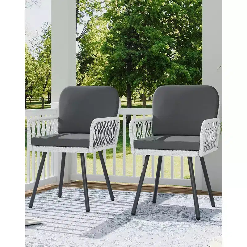 Set of 2 Modern Patio Dining Chairs,Black Metal Frame & White HandWoven Rattan Armchairs with Cushions for Indoor, Garden, Balcony, Deck, Backyard