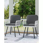 Set of 2 Modern Patio Dining Chairs,Black Metal Frame & White HandWoven Rattan Armchairs with Cushions for Indoor, Garden, Balcony, Deck, Backyard
