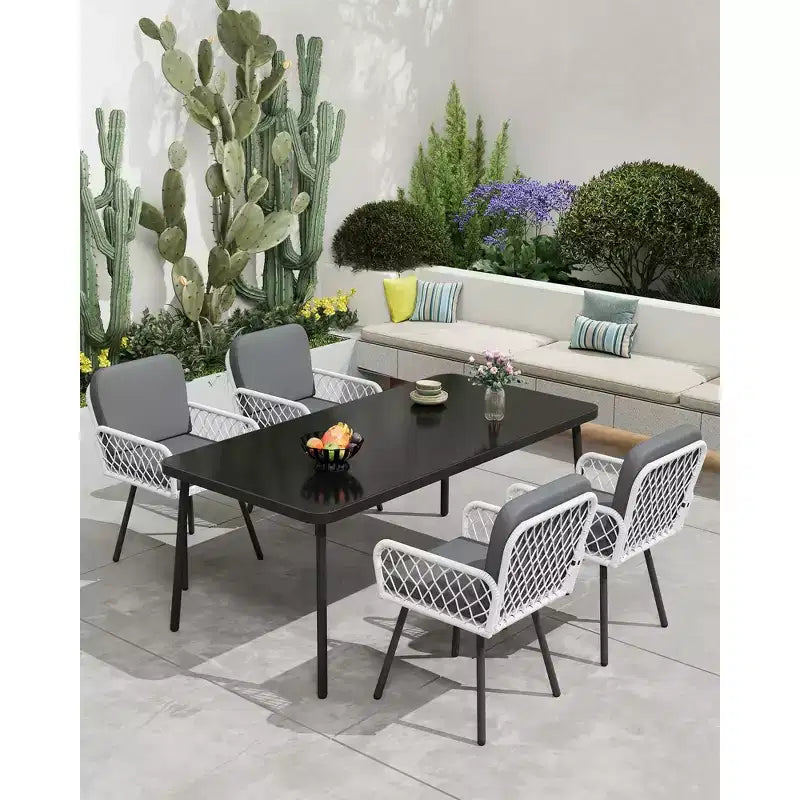 Set of 2 Modern Patio Dining Chairs,Black Metal Frame & White HandWoven Rattan Armchairs with Cushions for Indoor, Garden, Balcony, Deck, Backyard