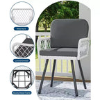 Set of 2 Modern Patio Dining Chairs,Black Metal Frame & White HandWoven Rattan Armchairs with Cushions for Indoor, Garden, Balcony, Deck, Backyard