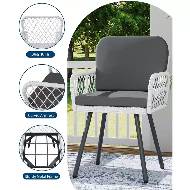Set of 2 Modern Patio Dining Chairs,Black Metal Frame & White HandWoven Rattan Armchairs with Cushions for Indoor, Garden, Balcony, Deck, Backyard