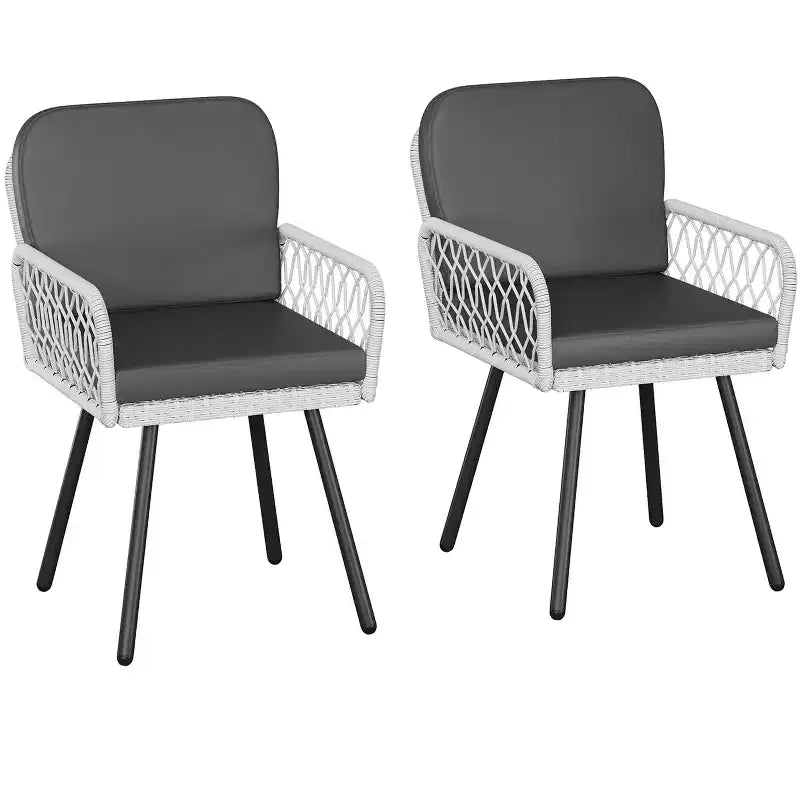 Set of 2 Modern Patio Dining Chairs,Black Metal Frame & White HandWoven Rattan Armchairs with Cushions for Indoor, Garden, Balcony, Deck, Backyard