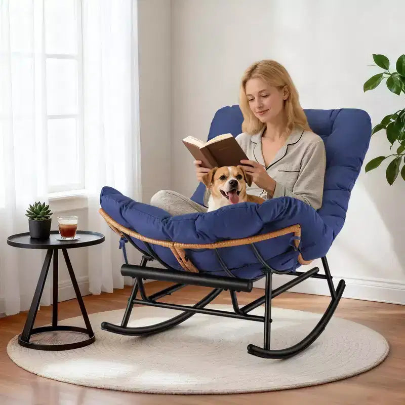 Oversized Papasan Rocker - Indoor/Outdoor Rattan Rocking Chair with Removable Cushion & Footrest for Patio, Porch, Living Room, Bedroom, Lawn,Garden
