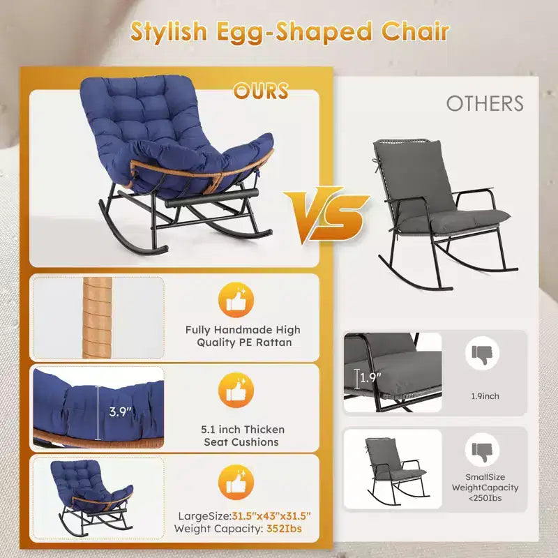Oversized Papasan Rocker - Indoor/Outdoor Rattan Rocking Chair with Removable Cushion & Footrest for Patio, Porch, Living Room, Bedroom, Lawn,Garden