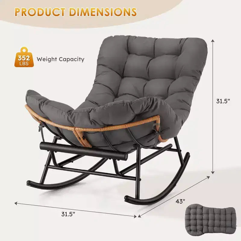 Oversized Papasan Rocker - Indoor/Outdoor Rattan Rocking Chair with Removable Cushion & Footrest for Patio, Porch, Living Room, Bedroom, Lawn,Garden