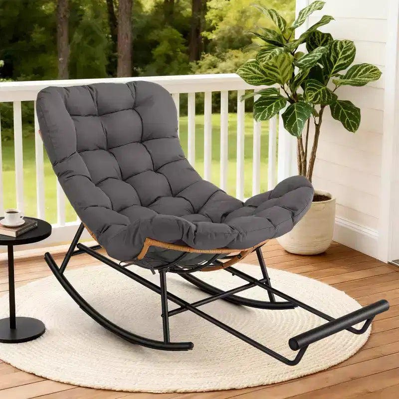 Oversized Papasan Rocker - Indoor/Outdoor Rattan Rocking Chair with Removable Cushion & Footrest for Patio, Porch, Living Room, Bedroom, Lawn,Garden