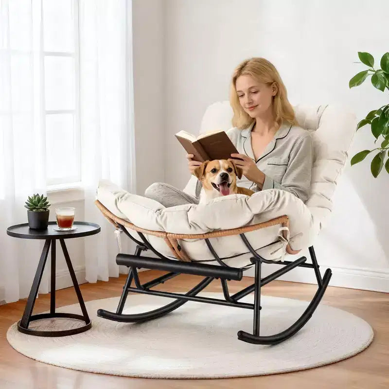 Oversized Papasan Rocker - Indoor/Outdoor Rattan Rocking Chair with Removable Cushion & Footrest for Patio, Porch, Living Room, Bedroom, Lawn,Garden