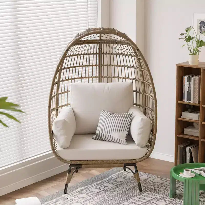 Sedia a uovo da interno/esterno oversize con struttura in acciaio - Sedia a dondolo pensile in rattan e vimini per patio, giardino, soggiorno