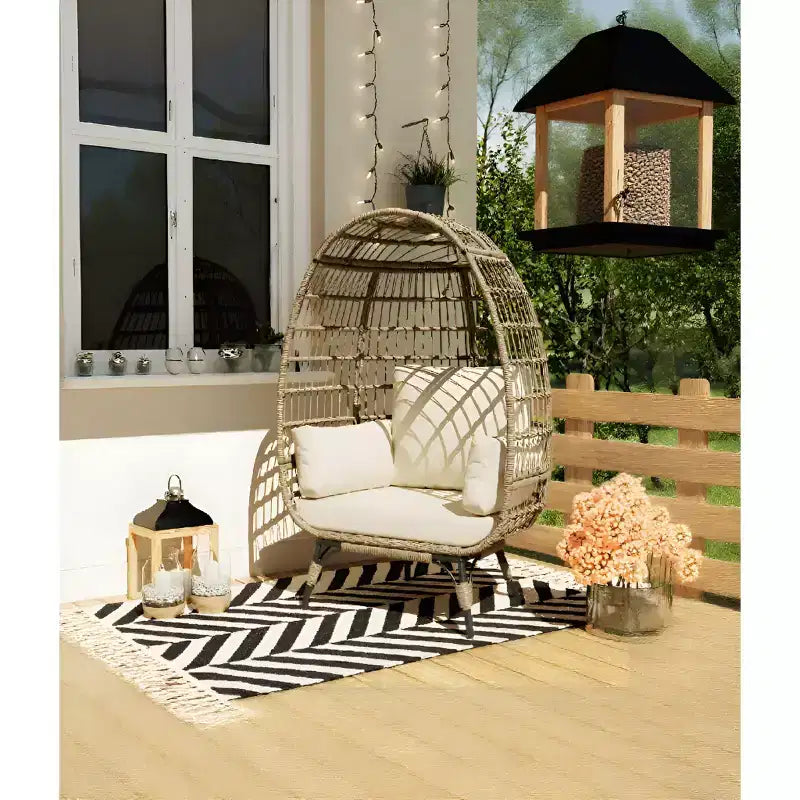 Sedia a uovo da interno/esterno oversize con struttura in acciaio - Sedia a dondolo pensile in rattan e vimini per patio, giardino, soggiorno