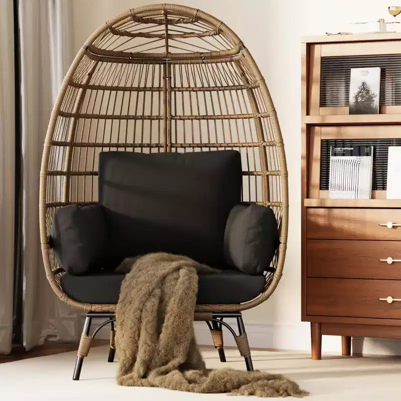 Sedia a uovo da interno/esterno oversize con struttura in acciaio - Sedia a dondolo pensile in rattan e vimini per patio, giardino, soggiorno