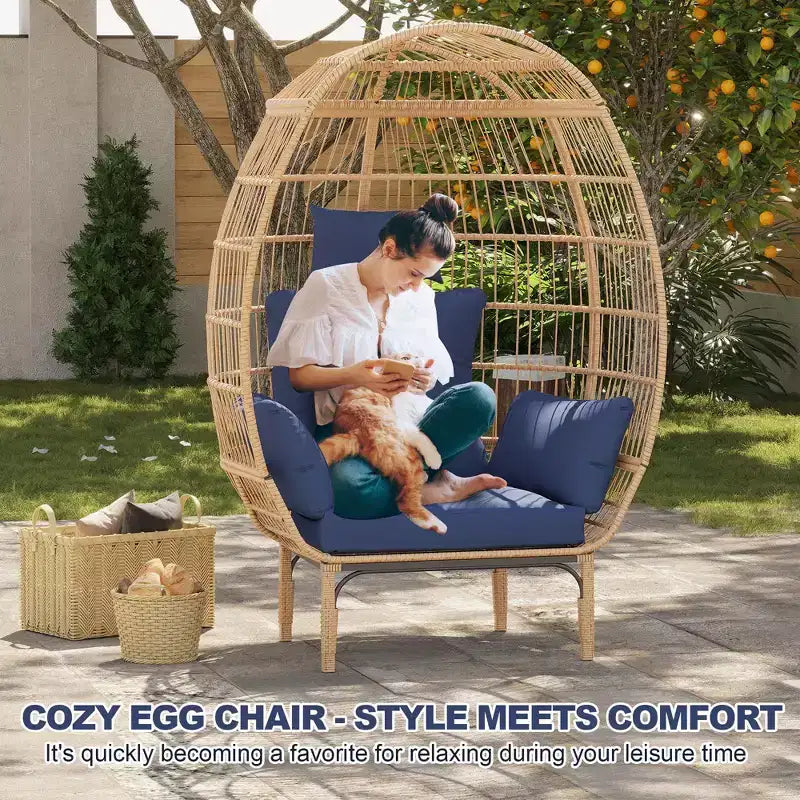 Oversized Patio Egg Chair - Handwoven PE Rattan Lounge Chair with Cushions & Extra Wide Seat for Indoor/Outdoor Use on Patio, Balcony & Living Room
