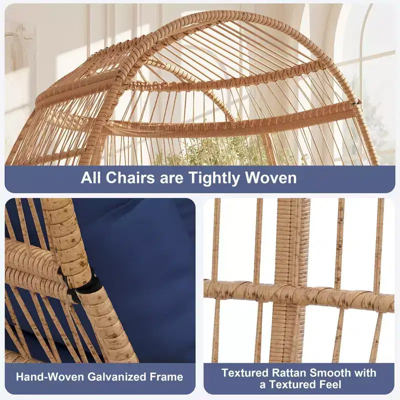 Oversized Patio Egg Chair - Handwoven PE Rattan Lounge Chair with Cushions & Extra Wide Seat for Indoor/Outdoor Use on Patio, Balcony & Living Room