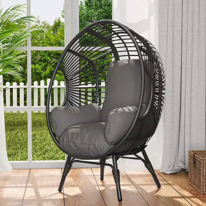 Whisen Outdoor Arc Back Hanging Egg Chair, sedia a dondolo in rattan PE da patio con cuscino - Nero e Grigio