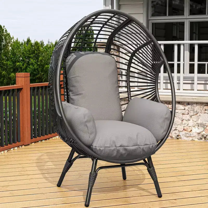 Whisen Outdoor Arc Back Hanging Egg Chair, sedia a dondolo in rattan PE da patio con cuscino - Nero e Grigio