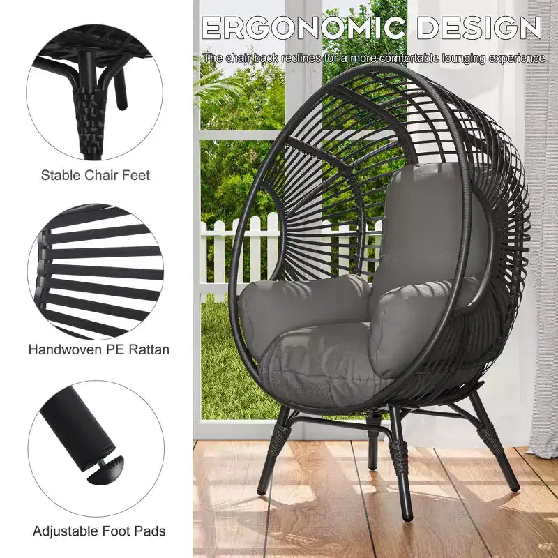 Whisen Outdoor Arc Back Hanging Egg Chair, sedia a dondolo in rattan PE da patio con cuscino - Nero e Grigio