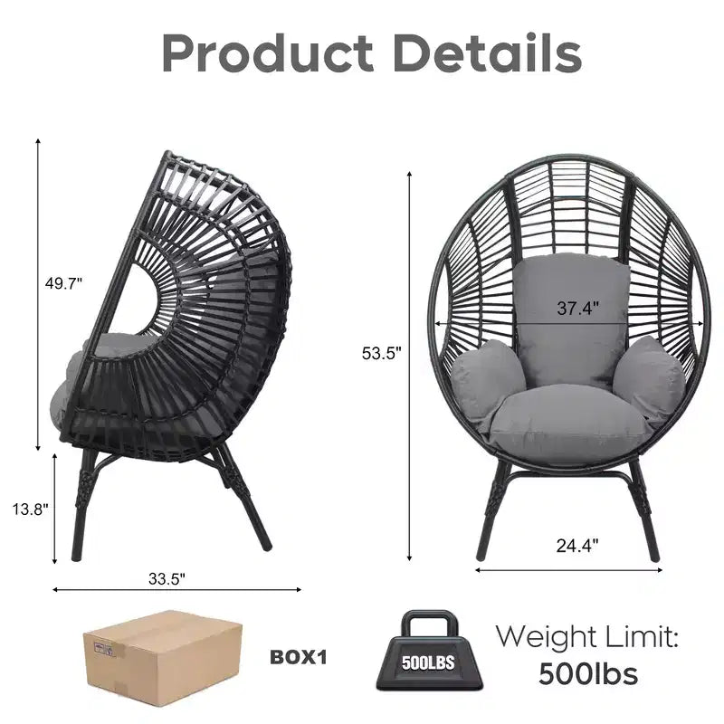 Whisen Outdoor Arc Back Hanging Egg Chair, sedia a dondolo in rattan PE da patio con cuscino - Nero e Grigio