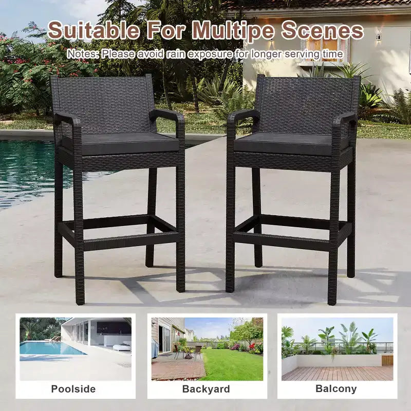 Set of 2 Black Wicker Outdoor Bar Stools with Arms & Cushions, Tall Weather-Resistant Patio Bar Height Chairs for Balcony, Garden, Pool Deck