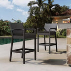 Set of 2 Black Wicker Outdoor Bar Stools with Arms & Cushions, Tall Weather-Resistant Patio Bar Height Chairs for Balcony, Garden, Pool Deck
