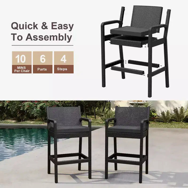 Set of 2 Black Wicker Outdoor Bar Stools with Arms & Cushions, Tall Weather-Resistant Patio Bar Height Chairs for Balcony, Garden, Pool Deck